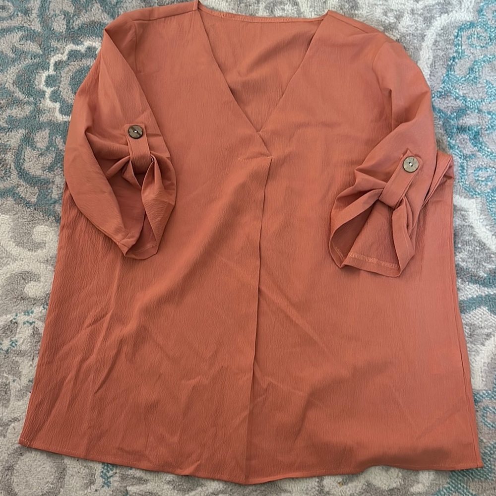 Rust Orange V-Neck Blouse with Buttoned Sleeves